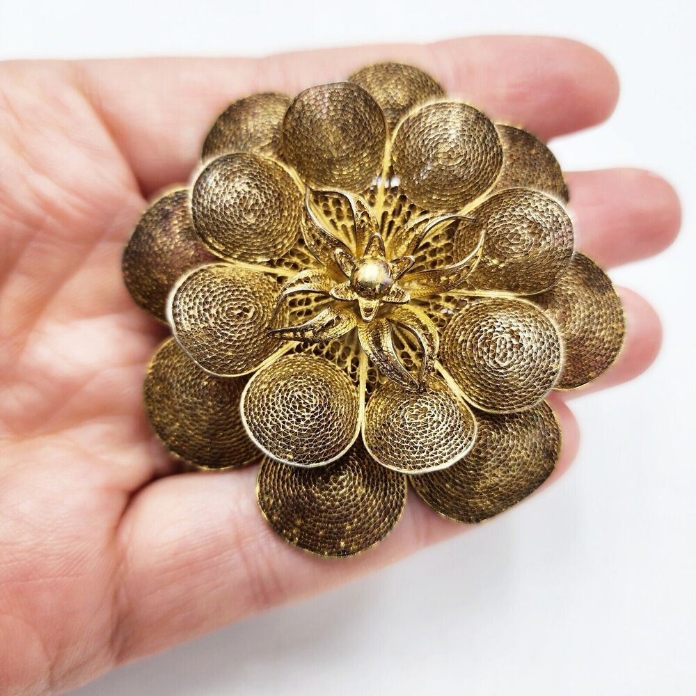 Antique Vintage Flower Goldwash Sterling Silver 950 Filigree Large Brooch Pin C